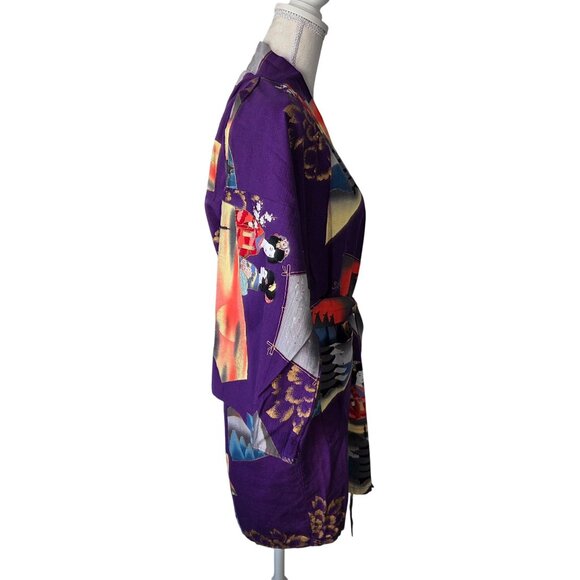Japanese Kimono Robe Raw Silk Geisha Landscape Print Purple Open Front Belt Vtg - Picture 2 of 10